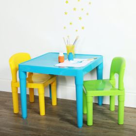 Kids Lightweight Plastic Aqua Table and 2 Chairs Set, Square, Green & Yellow Chairs