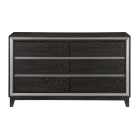 Modern Bedroom 1pc Dresser of 6 Drawers Grooves Cutouts Pulls Ebony Finish and Silver Contemporary Wooden Furniture