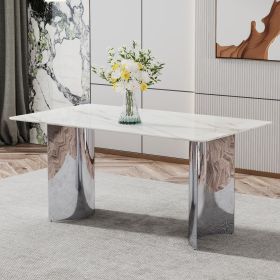 Modern minimalist dining table. White imitation marble glass sticker desktop, stainless steel legs