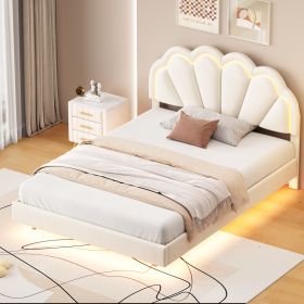 Full Upholstered Smart LED Bed Frame with Elegant Flowers Headboard,Floating Velvet Platform LED Bed with Wooden Slats Support