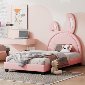 Twin Size Upholstered Leather Platform Bed with Rabbit Ornament (Color: Pink)