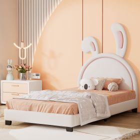 Twin Size Upholstered Leather Platform Bed with Rabbit Ornament (Color: White)