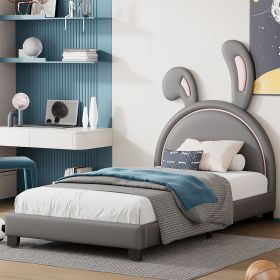 Twin Size Upholstered Leather Platform Bed with Rabbit Ornament (Color: Gray)