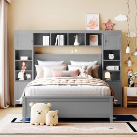 Full Size Wooden Bed With All-in-One Cabinet and Shelf (Color: Gray)