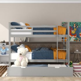 Full over Full Bunk Bed with Twin Size Trundle and Ladder (Color: Gray)