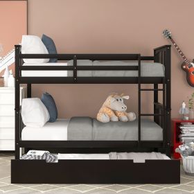 Full over Full Bunk Bed with Twin Size Trundle and Ladder (Color: Espresso)