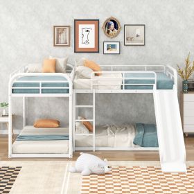 Full and Twin Size L-Shaped Bunk Bed with Slide and Short Ladder (Color: White)