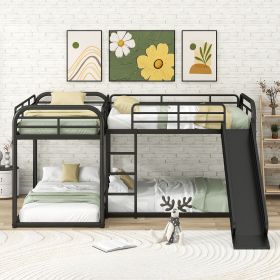 Full and Twin Size L-Shaped Bunk Bed with Slide and Short Ladder (Color: Black)