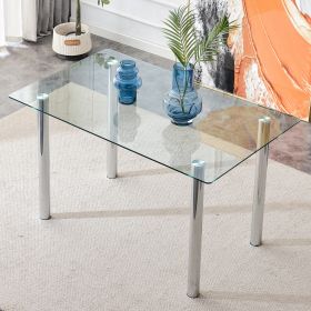 Modern minimalist glass dining table. A transparent tempered glass desktop with a thickness of 0.3 feet and metal legs. Suitable for restaurants and l (Color: silver)