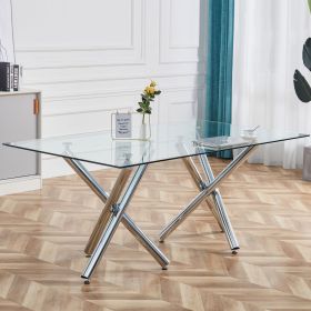 Large modern minimalist rectangular glass dining table, suitable for 6-8 people, equipped with 0.39 "tempered glass tabletop and metal legs (Color: silver)