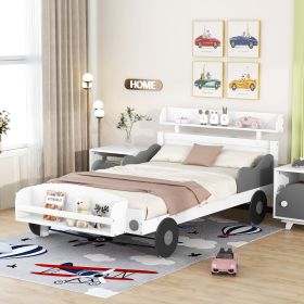 Twin Size Car-Shaped Platform Bed,Twin Bed with Storage Shelf for Bedroom (Color: White)