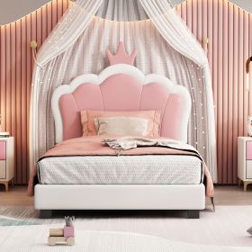 Twin size Upholstered Princess Bed With Crown Headboard,Twin Size Platform Bed with Headboard and Footboard (Color: White+Pink)