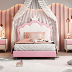 Twin size Upholstered Princess Bed With Crown Headboard,Twin Size Platform Bed with Headboard and Footboard (Color: Pink+White)