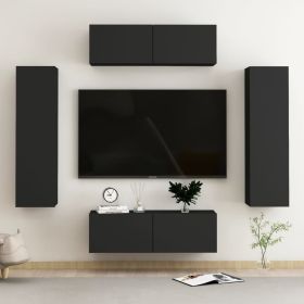 4 Piece TV Cabinet Set Black Engineered Wood (Color: Black)