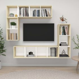 4 Piece TV Cabinet Set White and Sonoma Oak Engineered Wood (Color: Beige)