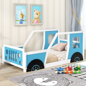 Twin Size Classic Car-Shaped Platform Bed with Wheels (Color: Blue)