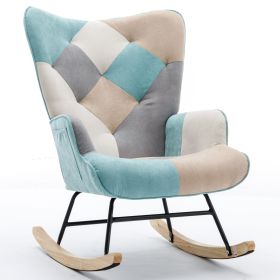 Modern Patchwork Accent Chair with Solid Wood Armrest and Feet, Kids Rocking Chair Nursery,Comfy Wingback Baby Rocker Glider Chair for Nursery (Material: Cotton Linen, Color: Green+Multicolor+Clashing Color)