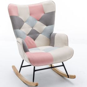 Modern Patchwork Accent Chair with Solid Wood Armrest and Feet, Kids Rocking Chair Nursery,Comfy Wingback Baby Rocker Glider Chair for Nursery (Material: Cotton Linen, Color: Multicolor)