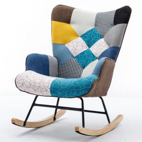 Modern Patchwork Accent Chair with Solid Wood Armrest and Feet, Kids Rocking Chair Nursery,Comfy Wingback Baby Rocker Glider Chair for Nursery (Material: Cotton Linen, Color: Blue+Multicolor+Clashing Color)